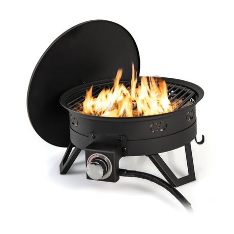 Pozo de fuego de gas portátil de 17 pulgadas con patas plegables y parrilla extraíble para acampar - Negro
