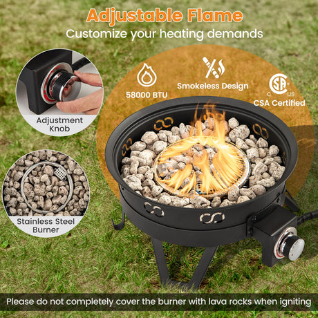 Pozo de fuego de gas portátil de 17 pulgadas con patas plegables y parrilla extraíble para acampar - Negro