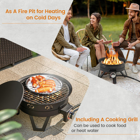 Pozo de fuego de gas portátil de 17 pulgadas con patas plegables y parrilla extraíble para acampar - Negro
