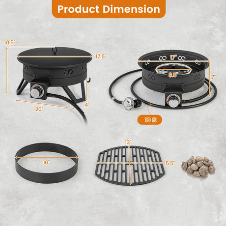 Pozo de fuego de gas portátil de 17 pulgadas con patas plegables y parrilla extraíble para acampar - Negro