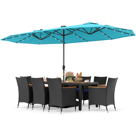 Juego de comedor de patio de 11 piezas con sombrilla LED para patio con base y cojines de asiento (azul marino)