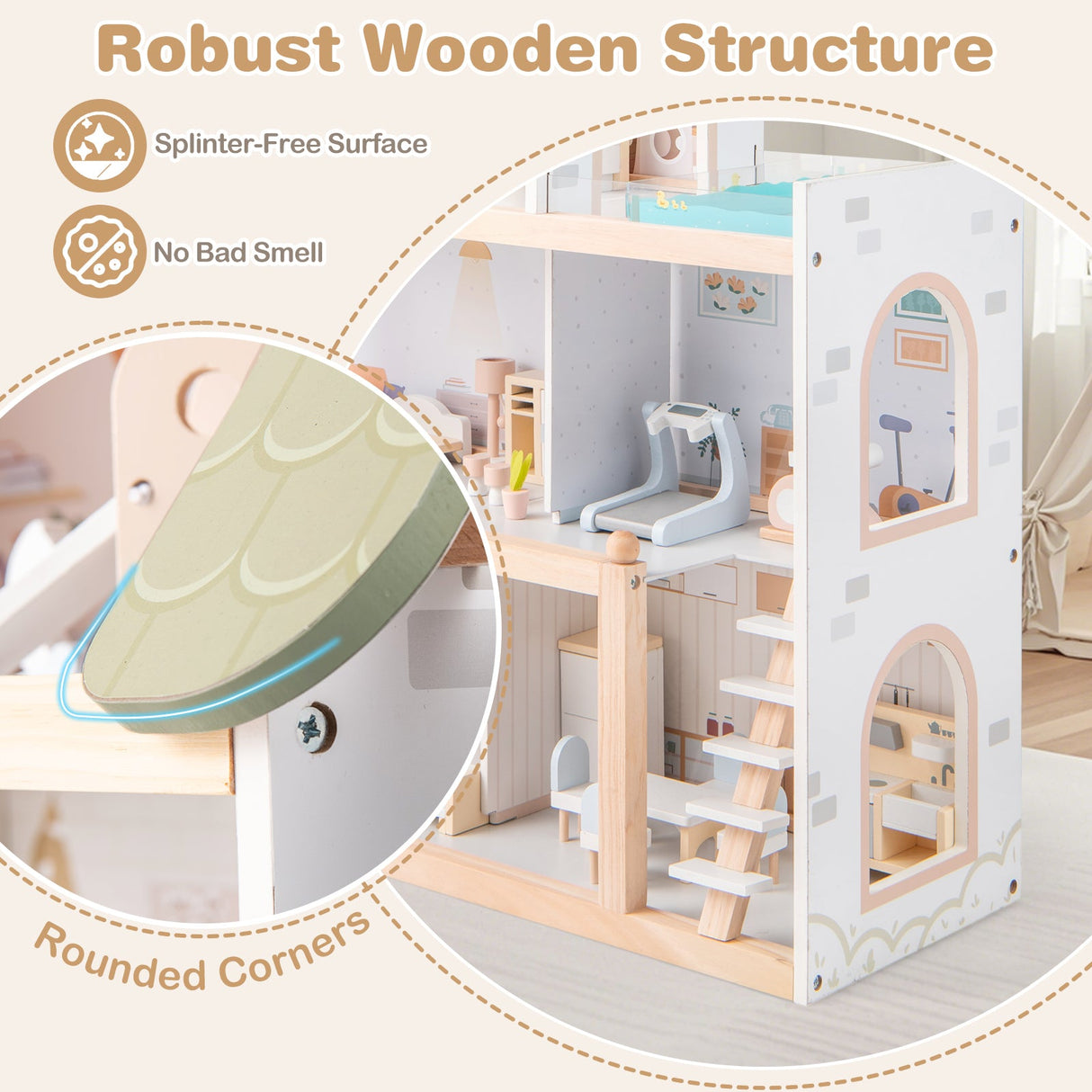 Casa de muñecas de madera para niños, casa de juegos de simulación con 33 accesorios de muebles - Verde