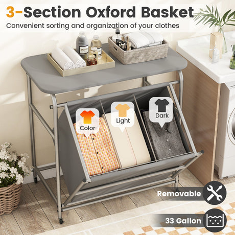 Clasificador de ropa de 3 secciones con tabla de planchar plegable y ruedas con bloqueo - Gris