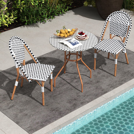 Juego de 3 sillas y mesa de bistro francés con mesa redonda de mimbre para exterior y 2 sillas de comedor