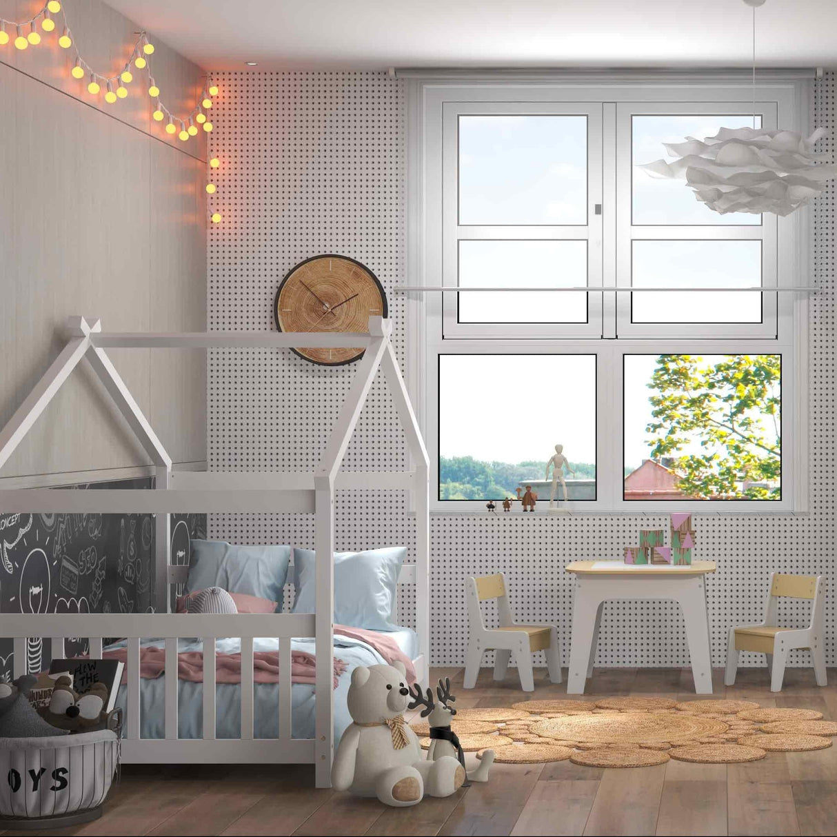 Paquete de 3 piezas para habitación infantil: cama individual de madera con forma de casa + juego de mesa y sillas infantiles + estantería infantil de 2 niveles