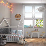 Paquete de 3 piezas para habitación infantil: cama individual de madera con forma de casa + juego de mesa y sillas infantiles + estantería infantil de 2 niveles