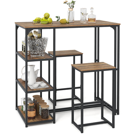 Juego de mesa de bar de 3 piezas para 2, mesa de comedor con altura de bar con 2 taburetes, marrón rústico