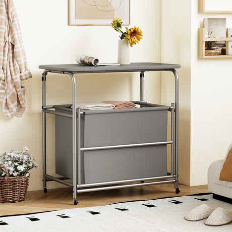 Clasificador de ropa de 3 secciones con tabla de planchar plegable y ruedas con bloqueo - Gris