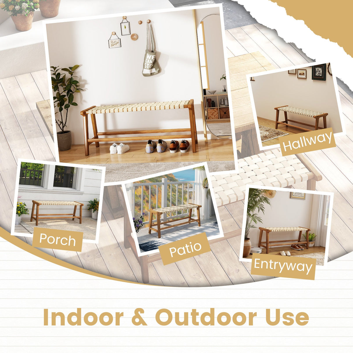 Banco de patio de madera de teca de 47 pulgadas de largo con asiento de mimbre y patas de madera maciza - Natural