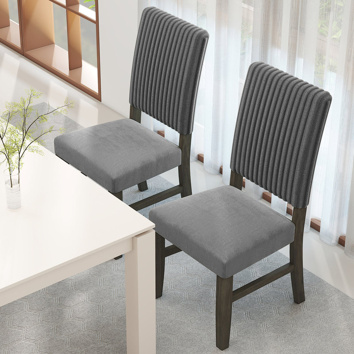 Juego de 2 sillas de comedor tapizadas en terciopelo gris, estilo moderno de mediados de siglo