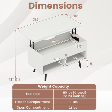 Mesa de centro elevable de 31.5 pulgadas con almacenamiento oculto y 2 estantes abiertos