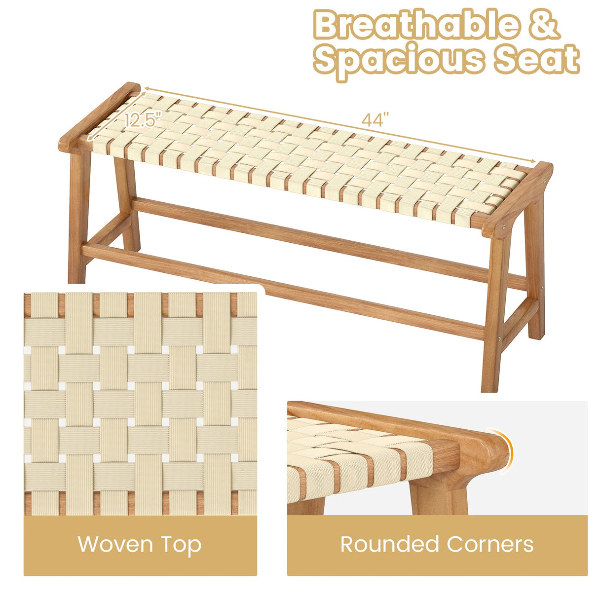 Banco de patio de madera de teca de 47 pulgadas de largo con asiento de mimbre y patas de madera maciza - Natural