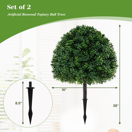 28 pulgadas de altura árbol topiario de boj artificial en forma de bola, juego de 2 con estaca de tierra - verde
