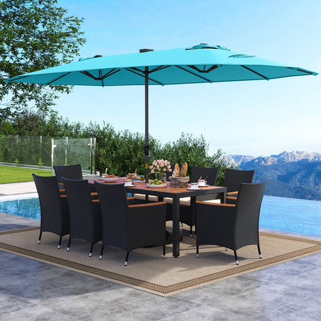 Juego de comedor para patio de 11 piezas con sombrilla de patio LED con base y cojines de asiento (beige)