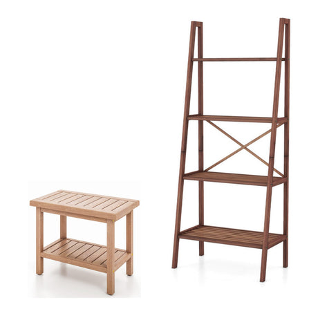 Juego de muebles para lavadero de 2 piezas: Banco de madera de teca + Estantería de bambú tipo escalera