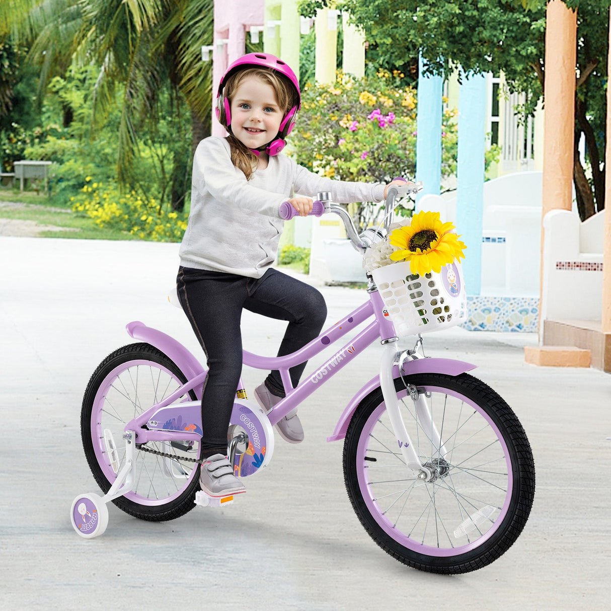Bicicleta de niña de 18 pulgadas con cesta y ruedas de entrenamiento desmontables para edades de 4 a 8 años - 18 pulgadas