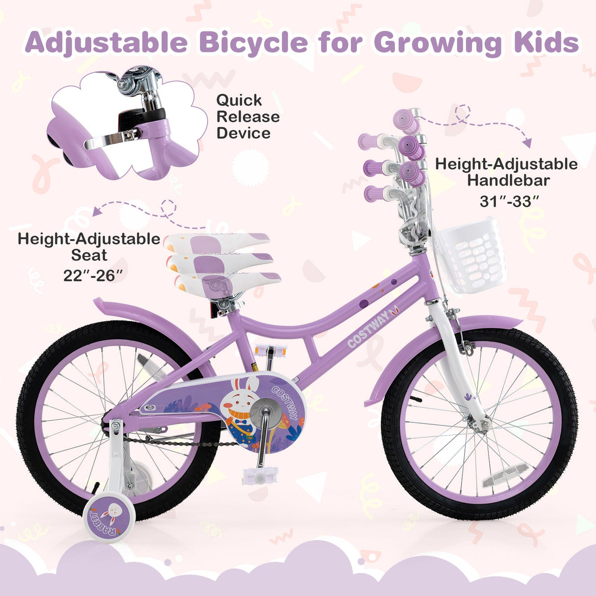Bicicleta de niña de 18 pulgadas con cesta y ruedas de entrenamiento desmontables para edades de 4 a 8 años - 18 pulgadas