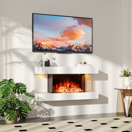 Chimenea eléctrica de pared de 18/36 pulgadas con 3 lados y repisa flotante de 32/50 pulgadas de ancho