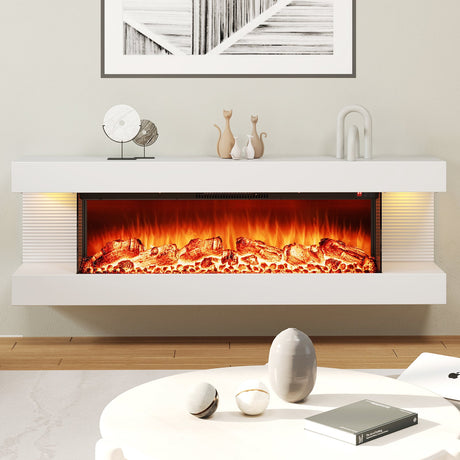 Chimenea eléctrica de pared de 18/36 pulgadas con 3 lados y repisa flotante de 32/50 pulgadas de ancho