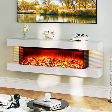Chimenea eléctrica de pared de 18/36 pulgadas con 3 lados y repisa flotante de 32/50 pulgadas de ancho