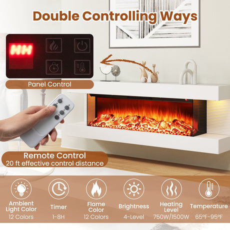 Chimenea eléctrica de pared de 18/36 pulgadas con 3 lados y repisa flotante de 32/50 pulgadas de ancho