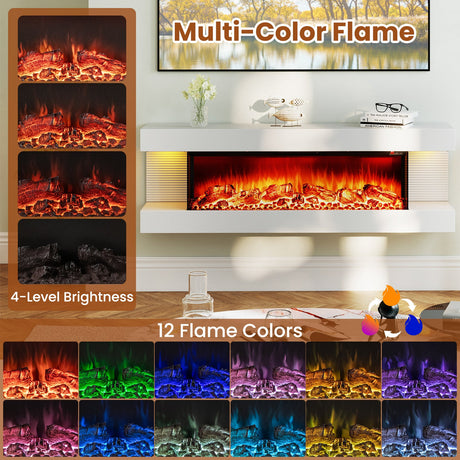 Chimenea eléctrica de pared de 18/36 pulgadas con 3 lados y repisa flotante de 32/50 pulgadas de ancho