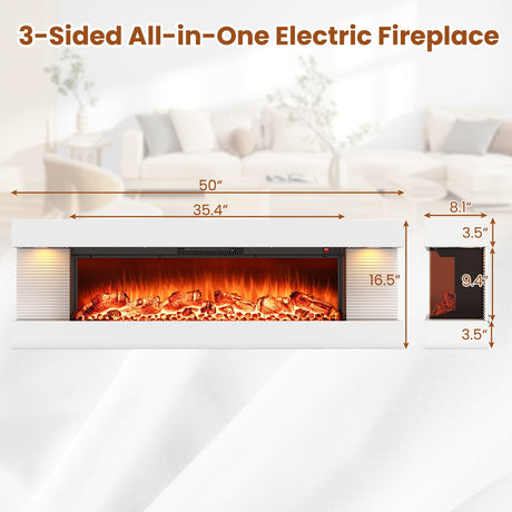 Chimenea eléctrica de pared de 18/36 pulgadas con 3 lados y repisa flotante de 32/50 pulgadas de ancho