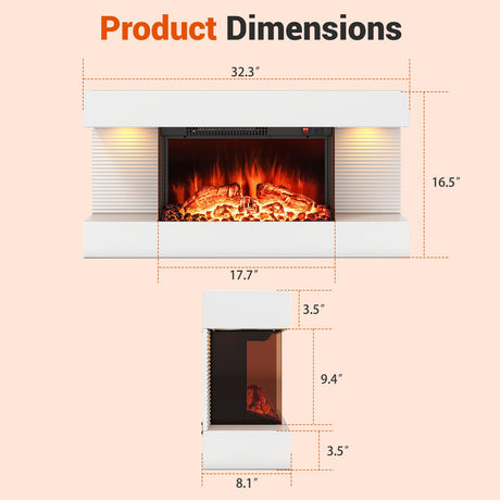 Chimenea eléctrica de pared de 18/36 pulgadas con 3 lados y repisa flotante de 32/50 pulgadas de ancho