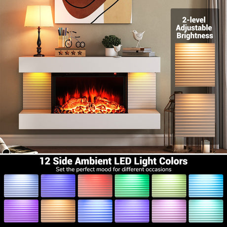 Chimenea eléctrica de pared de 18/36 pulgadas con 3 lados y repisa flotante de 32/50 pulgadas de ancho