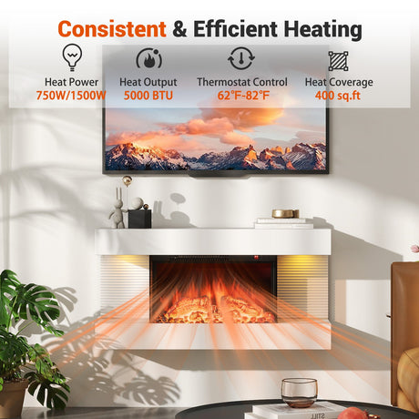 Chimenea eléctrica de pared de 18/36 pulgadas con 3 lados y repisa flotante de 32/50 pulgadas de ancho