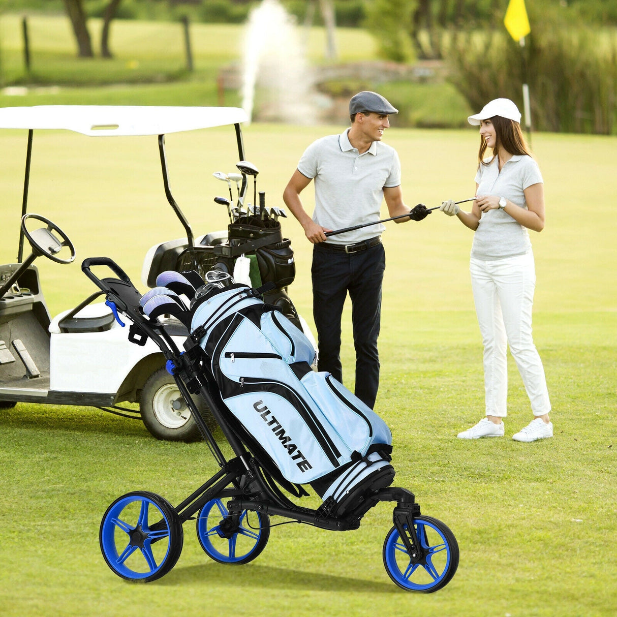 Carro de golf plegable con marcador, mango ajustable y rueda giratoria