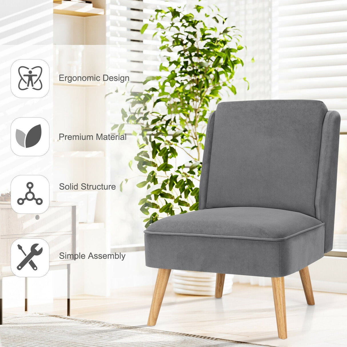 Sillón auxiliar sin brazos de terciopelo con patas de madera de caucho para dormitorio