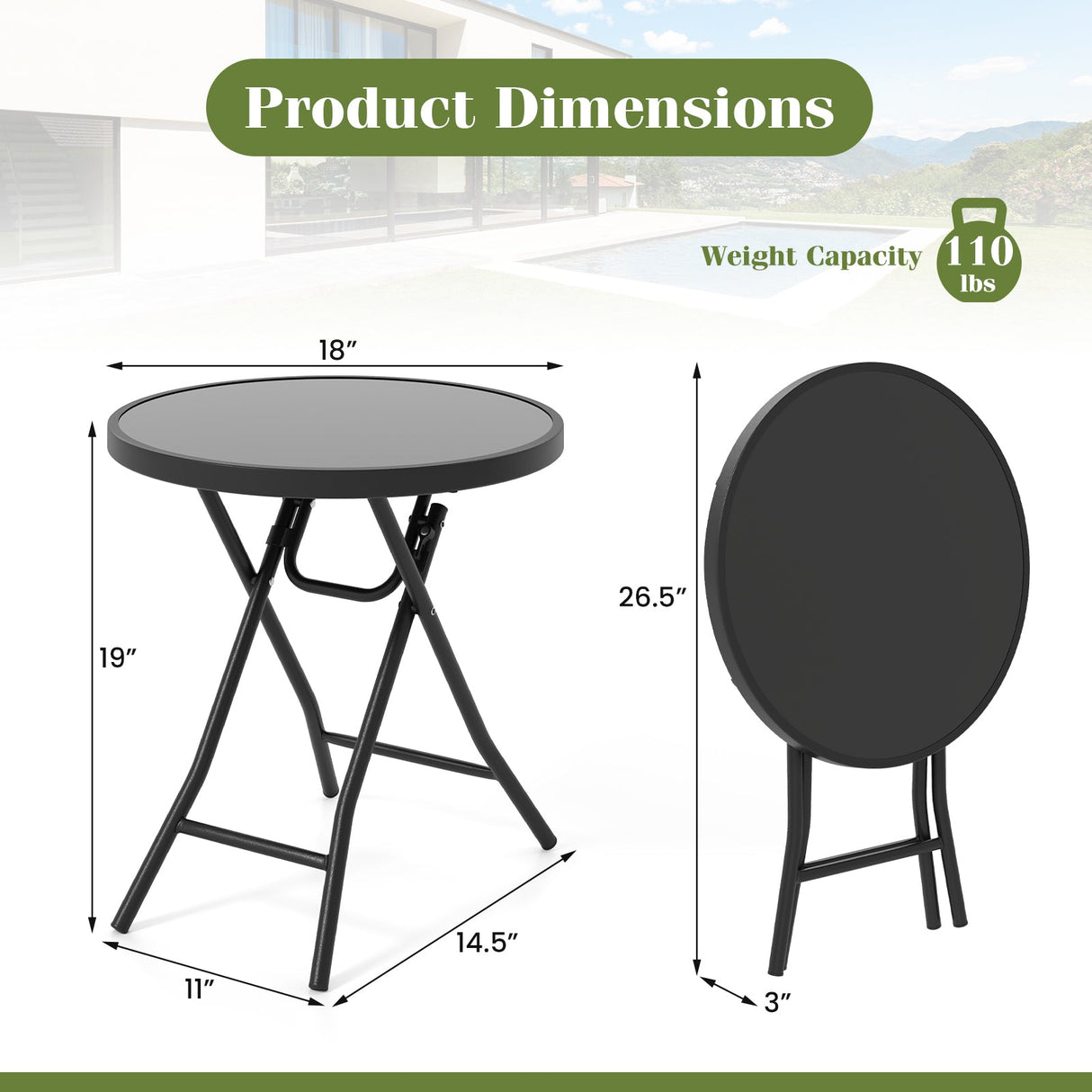 18 Inch Folding Side Table Patio Round Compact Coffee Table