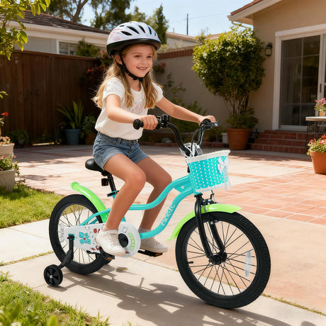 Bicicleta infantil de 12/14/16 pulgadas con ruedas de entrenamiento y cesta color verde