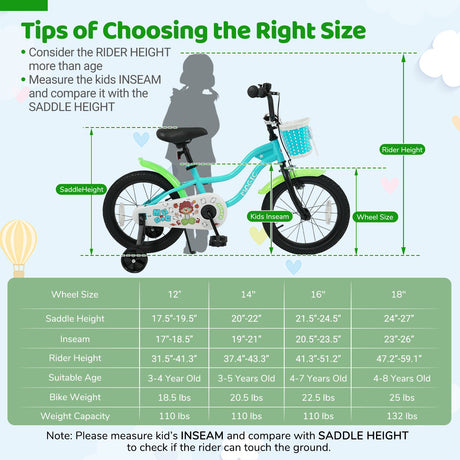 Bicicleta infantil de 12/14/16 pulgadas con ruedas de entrenamiento y cesta color verde