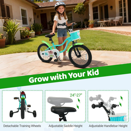 Bicicleta infantil de 12/14/16 pulgadas con ruedas de entrenamiento y cesta color verde