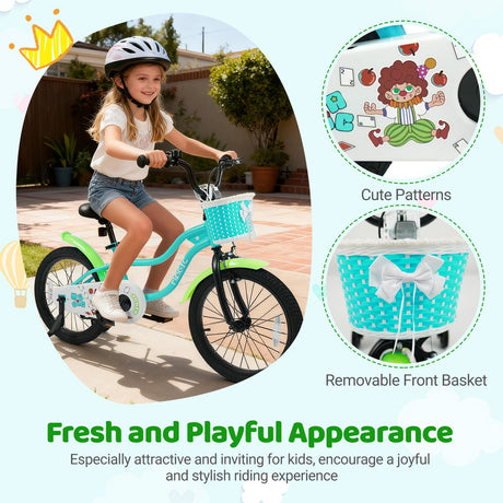 Bicicleta infantil de 12/14/16 pulgadas con ruedas de entrenamiento y cesta color verde