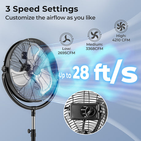 Ventilador de Pedestal de Alta Velocidad de 20 Pulgadas con 3 Velocidades y Altura Ajustable-Negro