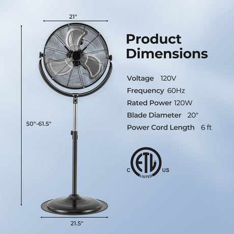 Ventilador de Pedestal de Alta Velocidad de 20 Pulgadas con 3 Velocidades y Altura Ajustable-Negro