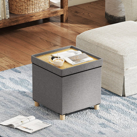 Puf otomano de 45 cm con almacenamiento y patas de madera de caucho - Gris