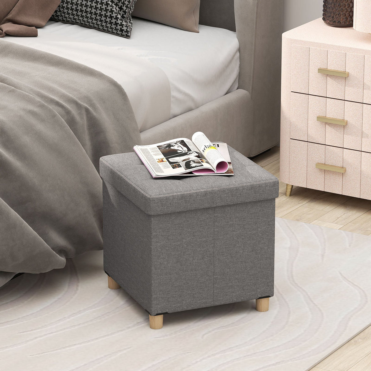 18 Inches Ottoman with Storage and Rubber Wood Legs-Gray