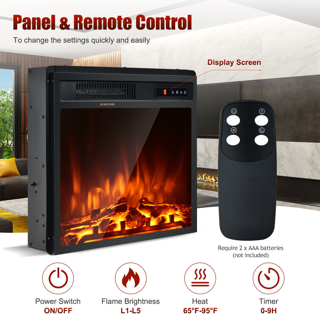 Calefactor de chimenea eléctrica de 18 pulgadas y 1500W, independiente y empotrado