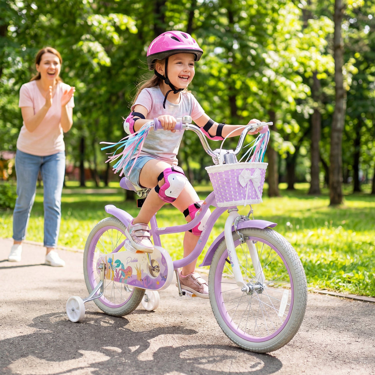 Bicicleta para niños de 18 pulgadas, ajustable con cesta y serpentinas, morada - Temática "Princesa del Mar"