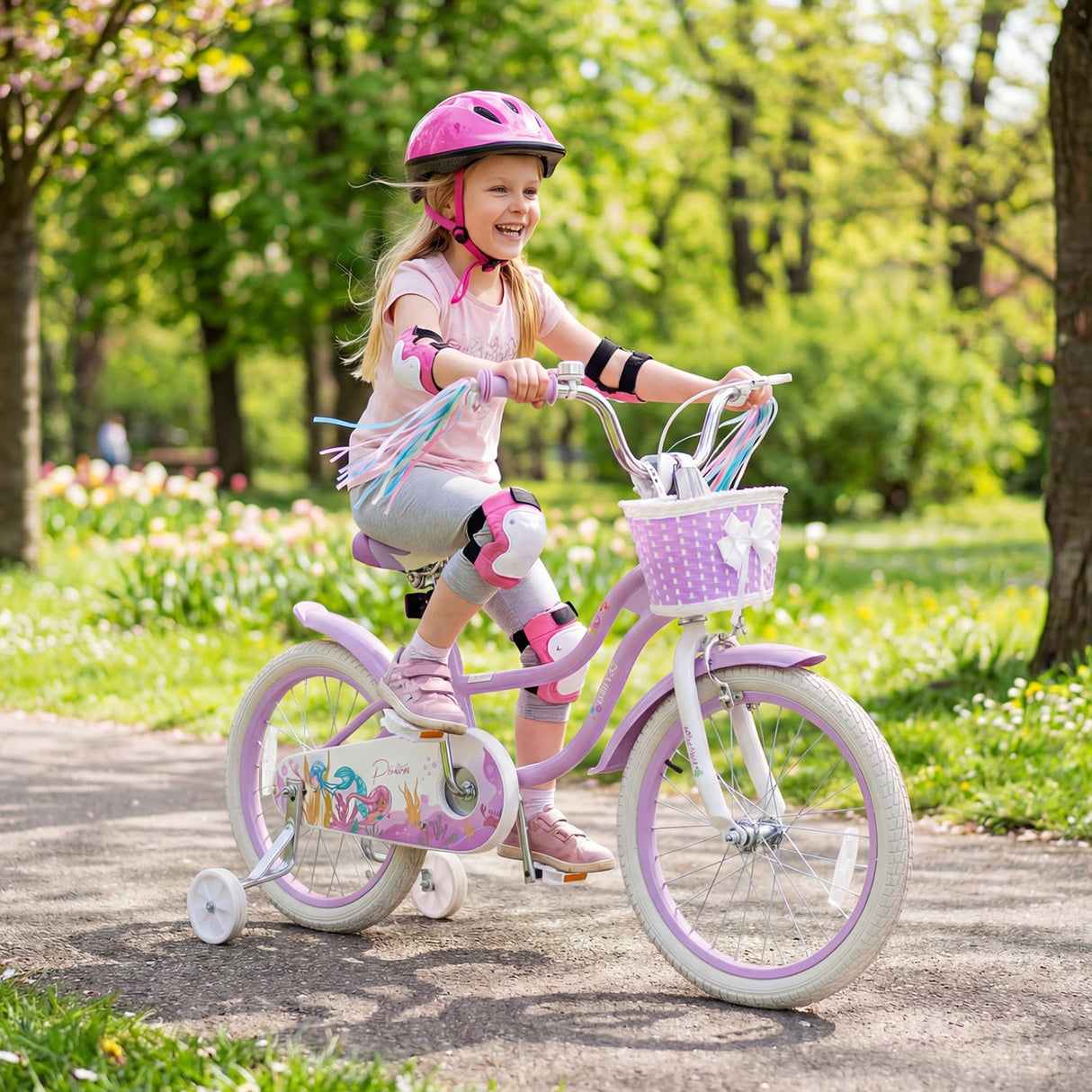 Bicicleta para niños de 18 pulgadas, ajustable con cesta y serpentinas, morada - Temática "Princesa del Mar"