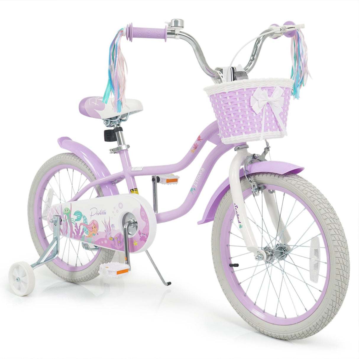 Bicicleta para niños de 18 pulgadas, ajustable con cesta y serpentinas, morada - Temática "Princesa del Mar"