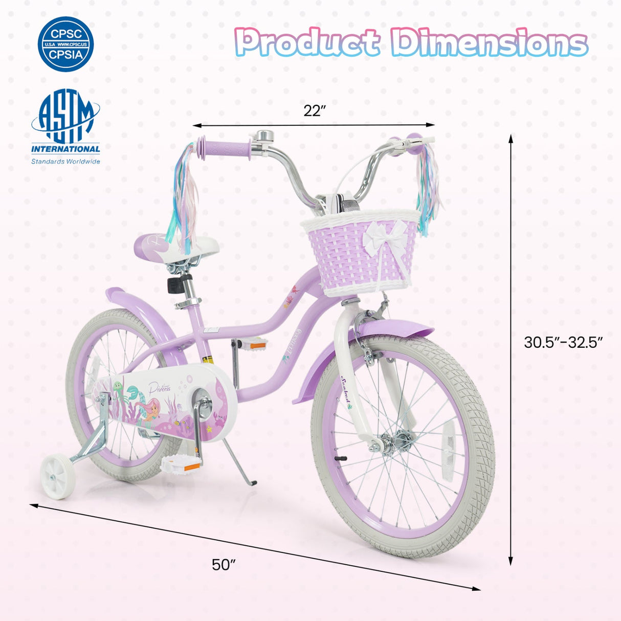 Bicicleta para niños de 18 pulgadas, ajustable con cesta y serpentinas, morada - Temática "Princesa del Mar"