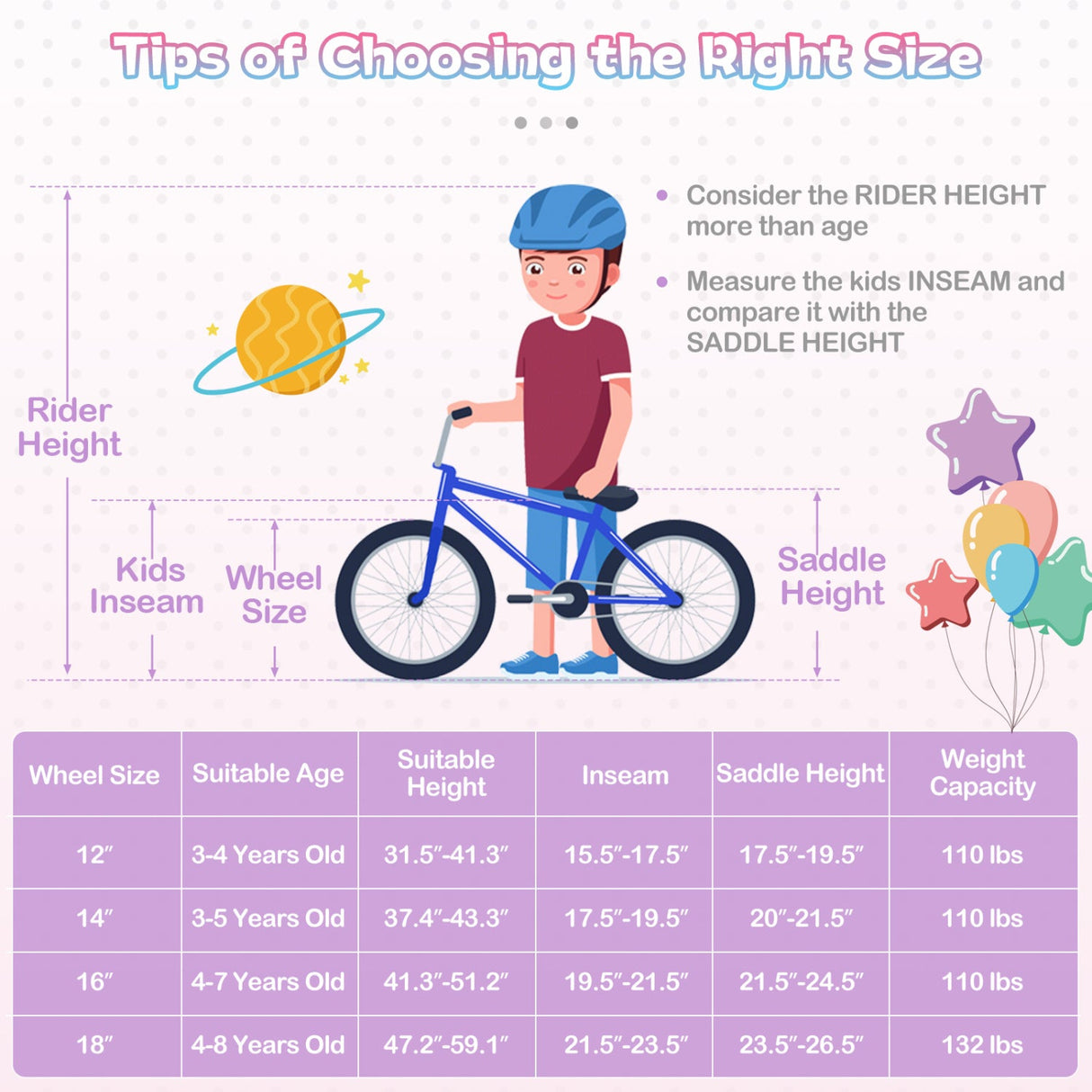 Bicicleta para niños de 18 pulgadas, ajustable con cesta y serpentinas, morada - Temática "Princesa del Mar"
