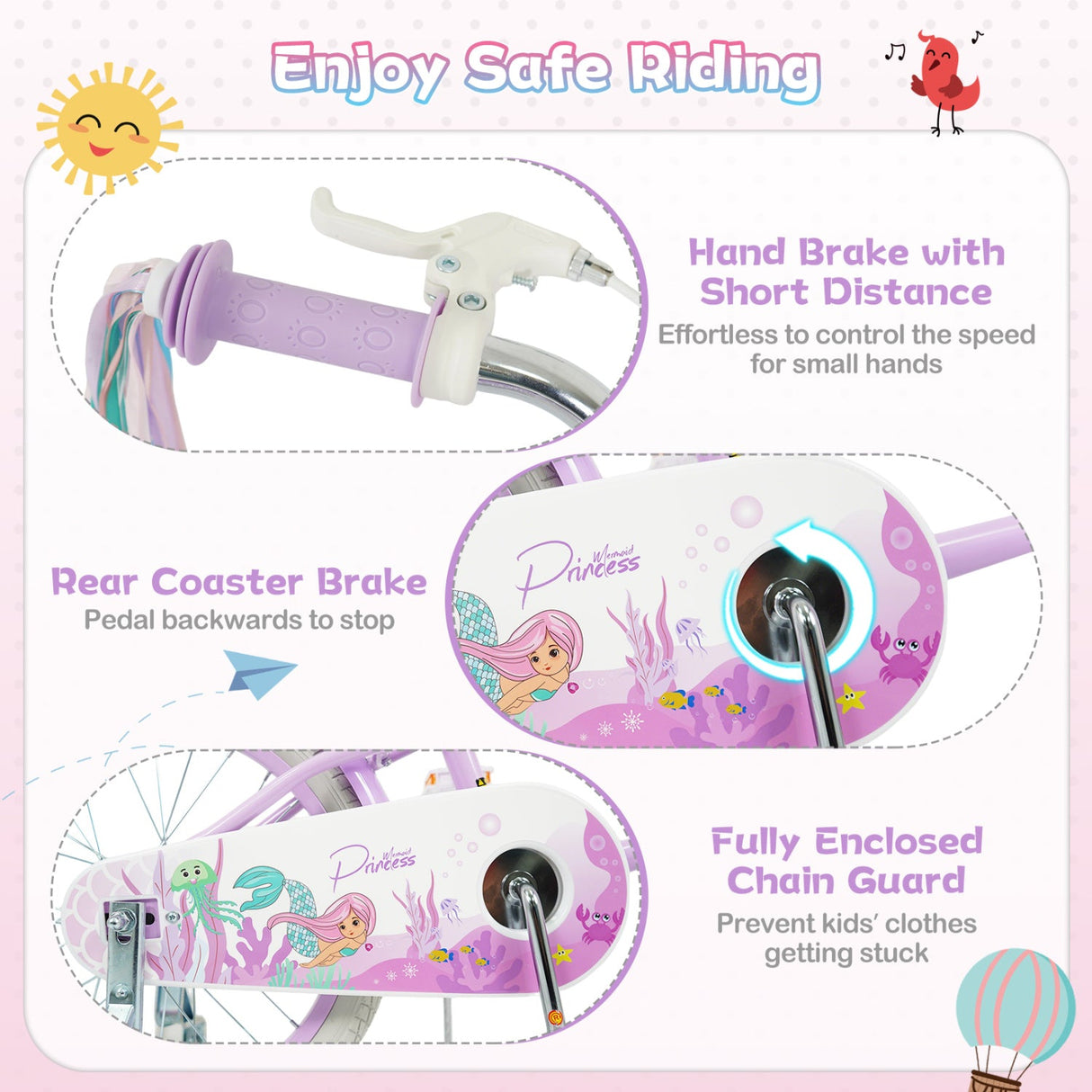 Bicicleta para niños de 18 pulgadas, ajustable con cesta y serpentinas, morada - Temática "Princesa del Mar"
