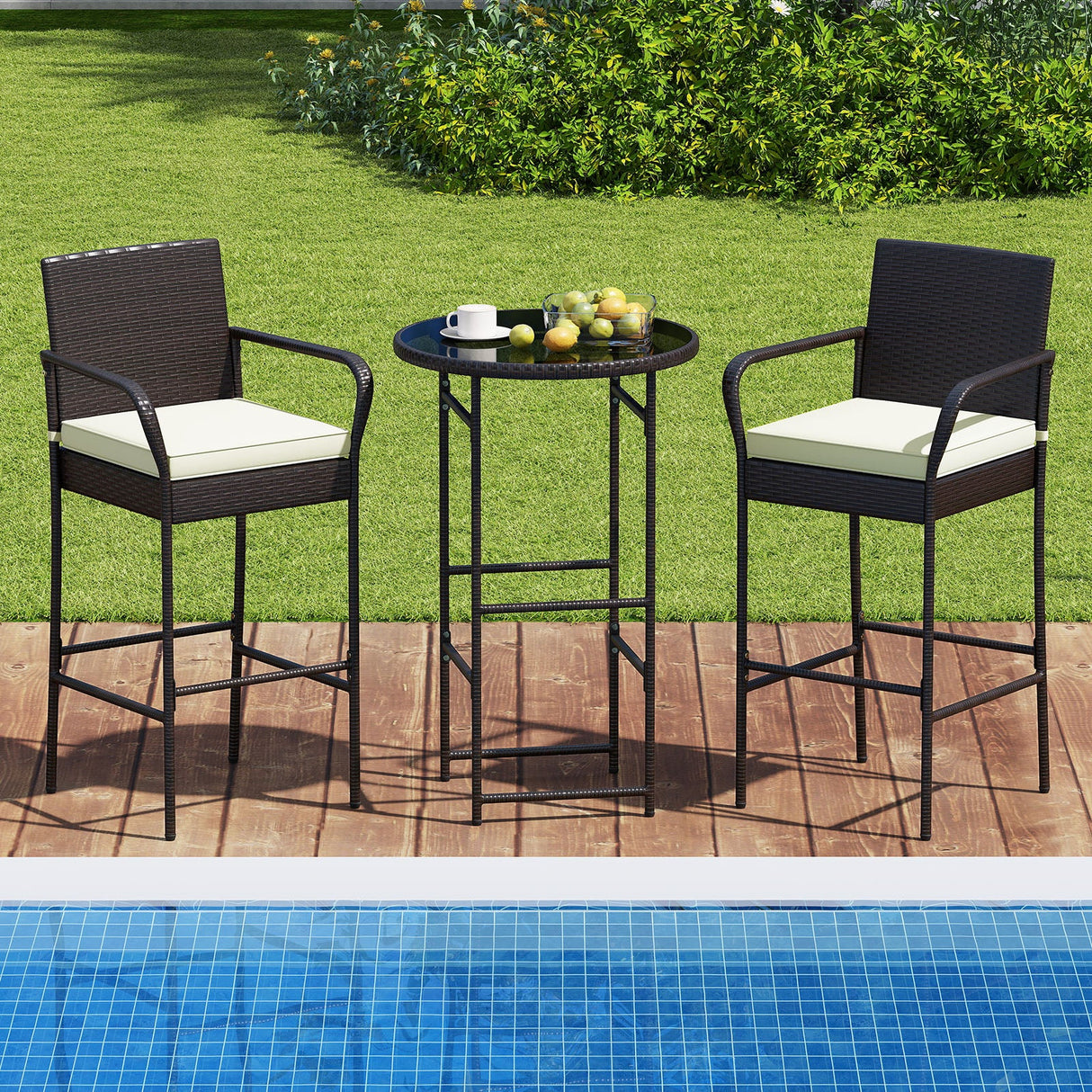 Set de bar de exterior de 3 piezas con 2 cojines para porche y patio - Blanco