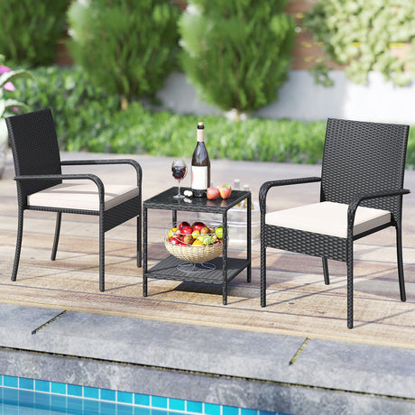 Juego de muebles de patio de 3 piezas con cojines de asiento y mesa con cubierta de vidrio templado